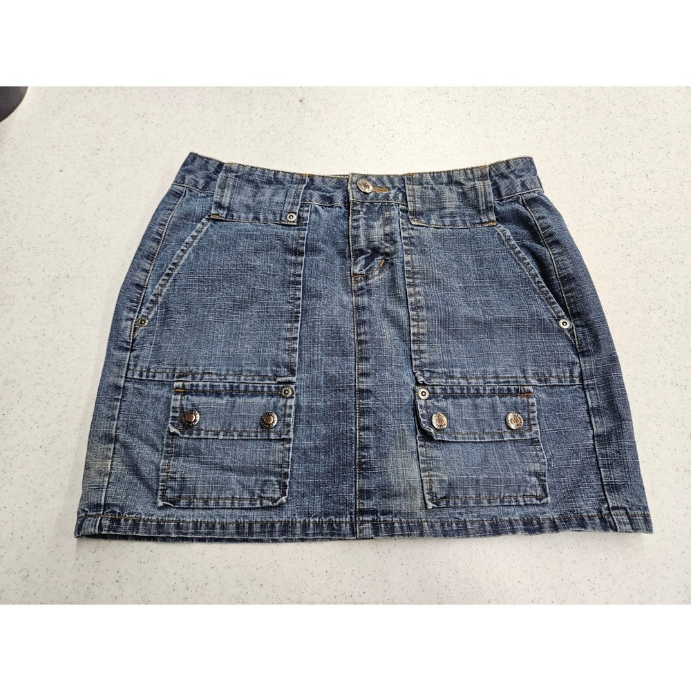Arizona Jean Co Blue Denim Mini Skirt Cargo Pockets Size 1 Y2K Utility Slub